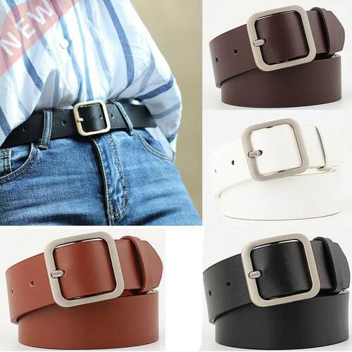 Women Fashion Leather Waist Belt Classic Square Metal Buckle