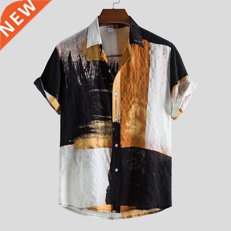 Linen Short Sleeve Shirt Men Summer Floral Loose Baggy Casua