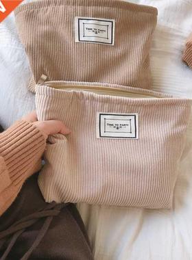 1 Pc Soft Corduroy Makeup Bag for Women Large Solid Color Co