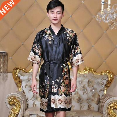 Novelty Black Male Silk Kimono Bath Robe Gown Chinese Men Ra