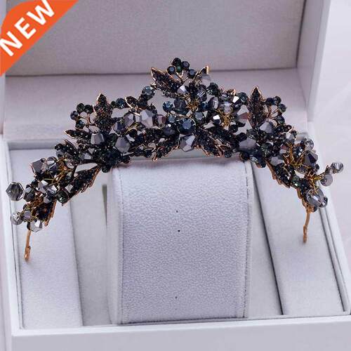 Baroque Handmade Black Crystal Beads Bridal Tiaras Crown Rhi