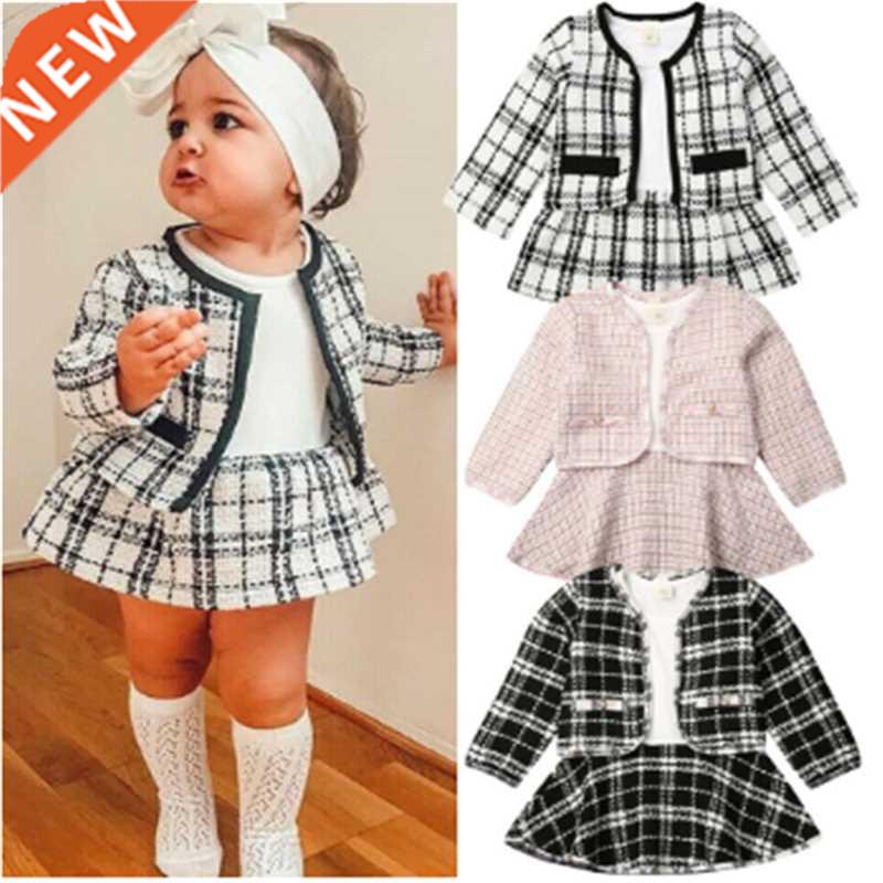 2PCS Autumn Winter Spring Party Baby Girls Clothes Plaid Coa