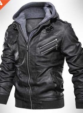 Men's Motorcycle Leather Jacket Hat Removable Male Causal Ou