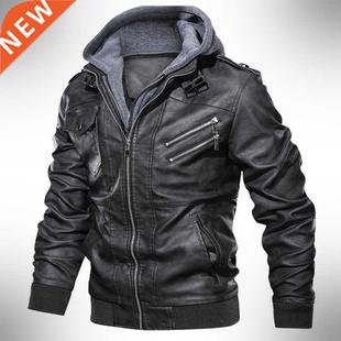 Men's Motorcycle Leather Jacket Hat Removable Male Causal Ou