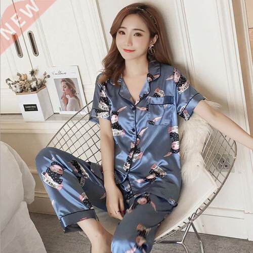 Satin Silk Pajamas Set for Women Cartoon Printed Turn-down C