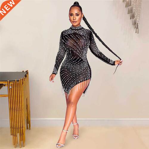 2021 Ins Internet Celebrity Famous Dress Diamond O-neck Long