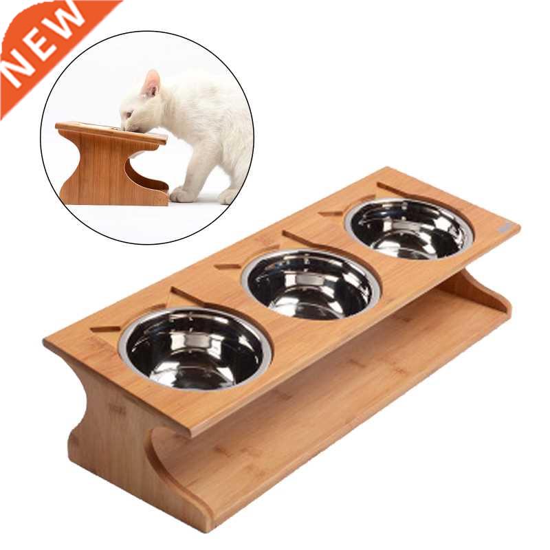 Health Pet Feeder Three Bowls Stainless Steel with Bamboo