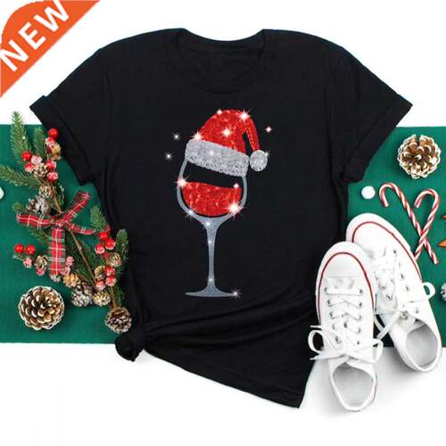 Wine Glass Christmas Hat Women T-shirt Fashion Lady Holiday