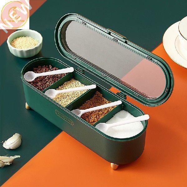 4grids Plastic Seasoning Storage Boxes with Lid and Spoon