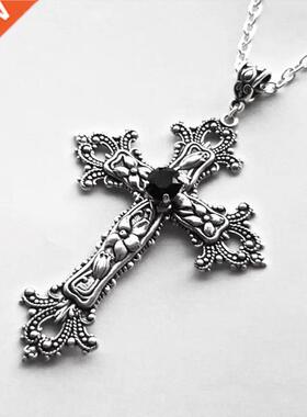 Large Detailed Cross Black Drill Jewel Necklace Silver Color