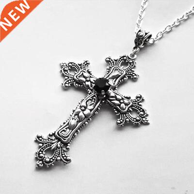 Large Detailed Cross Black Drill Jewel Necklace Silver Color