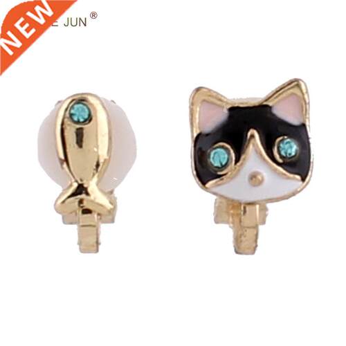 GRACE JUN Cute Small Cat Fish Blue Eyes Rhinestone Enamel A