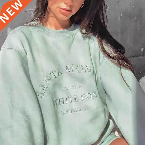 Green Vintage Letters Embroidered Crewneck Sweatshirt Women
