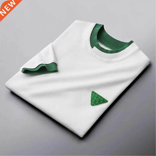High end luxury white green stitching knitted T-shirt men's