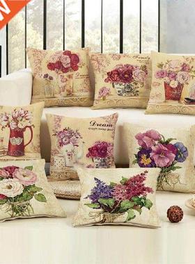 Flower Pattern Pillowcase Cotton Linen Sofa Cushion Cover