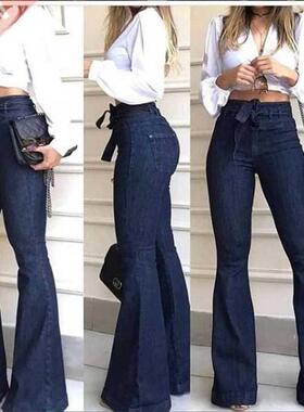 Women Denim Tie Waist Flare Jeans Boyfriend Jeans Ladies Hig