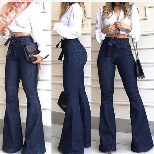 Women Denim Tie Waist Flare Jeans Boyfriend Jeans Ladies Hig