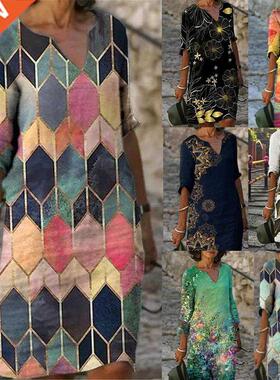 Elegant Women Dress Summer Vintage Print V-Neck Half Sleeve