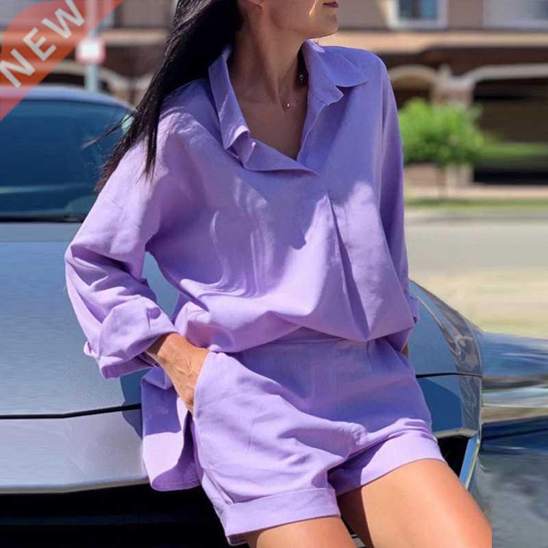 Summer Women Shirts 2 Piece Set Casual Solid Lapel Long-slee