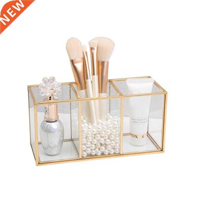 Transparent Glass Makeup Brush Storage Box Gold Cosmetics Co