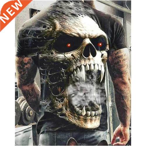 Vintage 3d Skull Print T-shirt for Men Casual O-neck Short-s