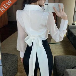 Shirts Women Solid Turn-down Collar Ins Abdomen Cropped Leis