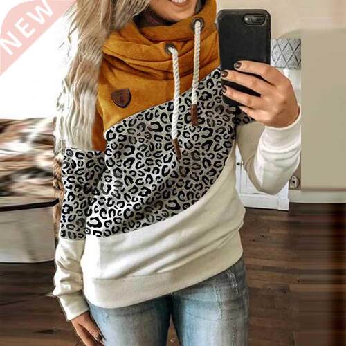 Women Leopard Patchwork Hooded Sweatshirt Autumn Winter Turt