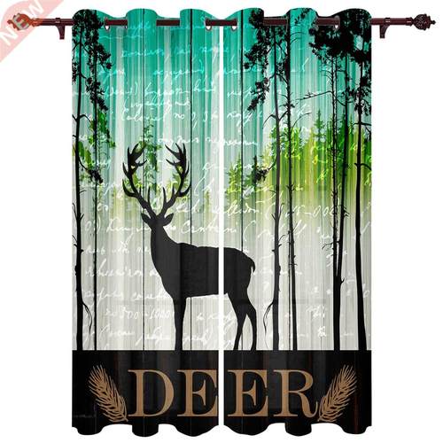 Wood Grain Gradient Forest Reindeer Window Curtains Kitchen