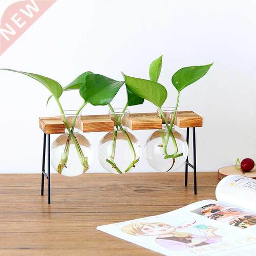 Glass Bottle Vase Hydroponic Plant Transparent Vase Wooden F