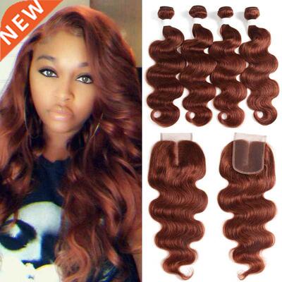 4PCS Human Hair Bundle With Closure Brown Auburn Brazilian B