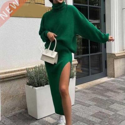 WINTER KNITTED WOMEN'S LONG SKIRT SET GREEN WOMEN 2022 TURTL