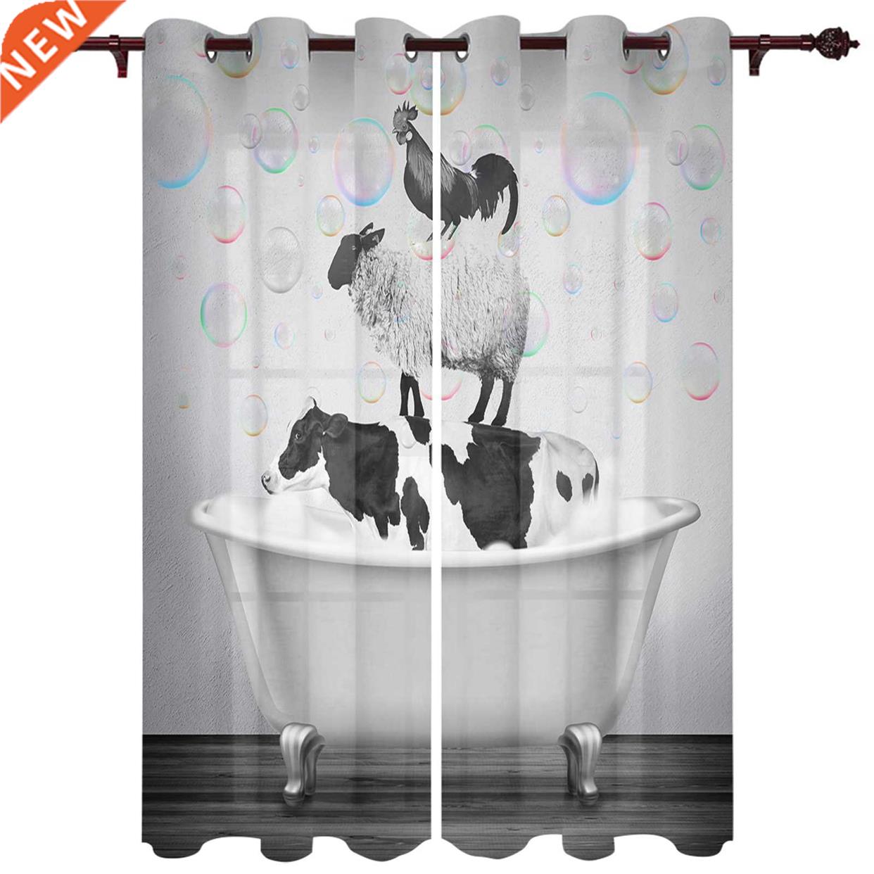 Bathtub Cows Cock Bubbles Window Curtains for Living Room