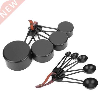9PCS Black Stainless Steel Measuring Cups Set Coffee Spoon w