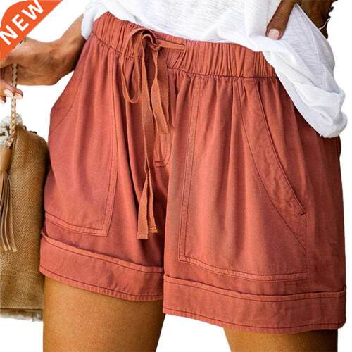 Women Short Pants High Waist Wide Leg Pockets Drawstring Com