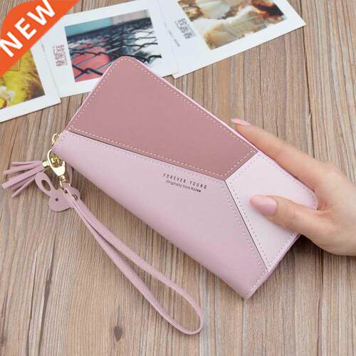 Geometric Patchwork PU Leather Women Long Zipper Wrist Purse