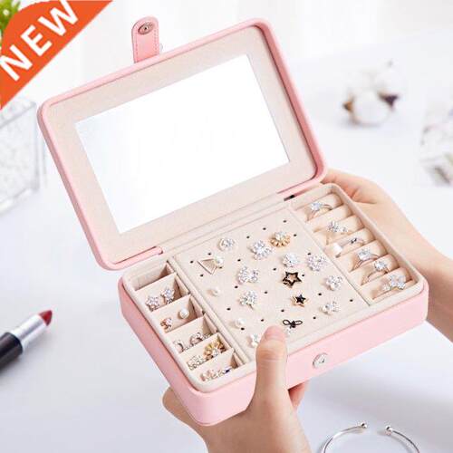 New Leather Jewelry Box Earrings Rings Organizer with Mirror