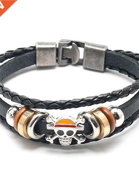 Classic Anime Luffy Skull Bracelet men's Brown Weave Leather