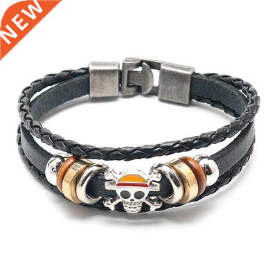 Classic Anime Luffy Skull Bracelet men's Brown Weave Leather