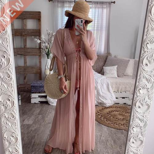 2022 Summer Solid Lace Beach Cover Up Long Cardigan Lace Up