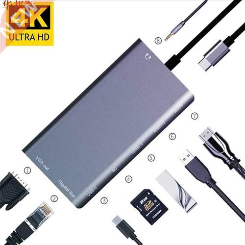 USBC to Rj45 Lan 4K HDMI VGA 2USB .0 SD Card Slot Reader 8
