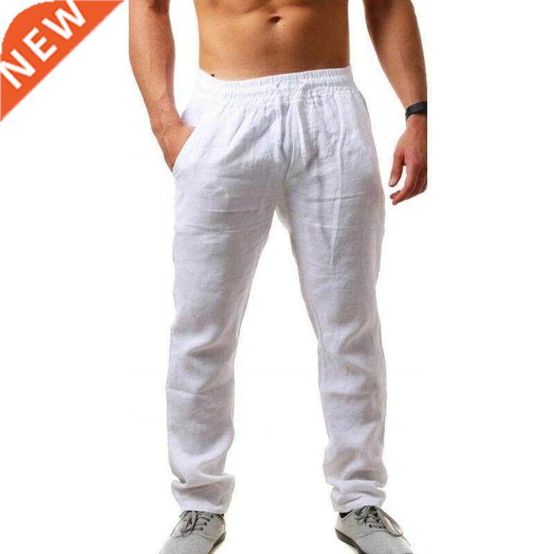 Hot Men Cotton Linen Trousers Solid Color Elastic Waist Loos