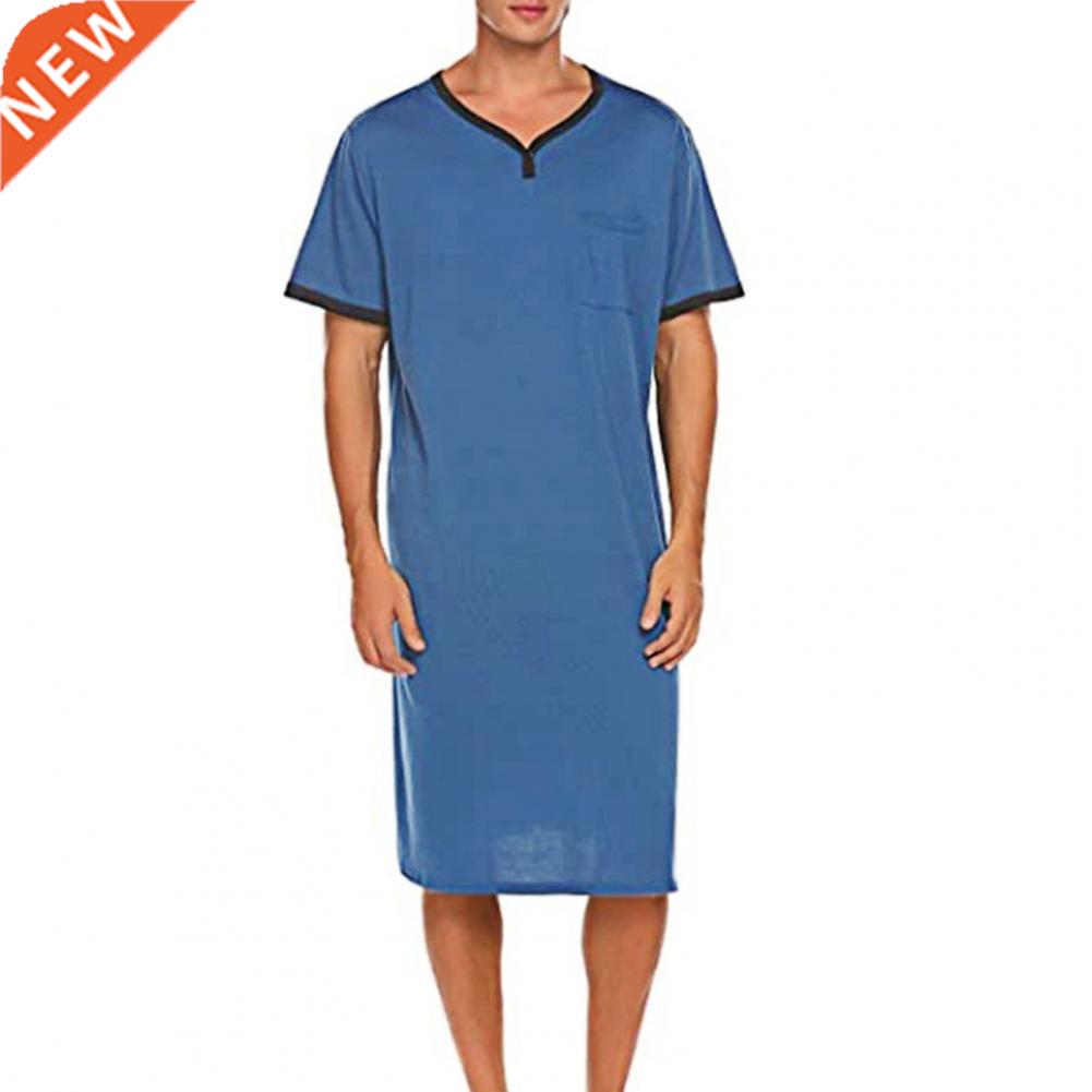 Men Sleep Robes Short Sleeve O Neck Pocket Nightdress Soft L