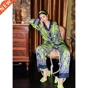 Spring Silk Pjms for Femle Stin Vintge Printed Sleepwe