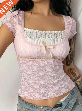 Rapcopter y2k Pink Trim Crop Top Bow Cute Sweet T Shirt Wome