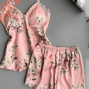 Pink Spaghetti Strap Lace Applique Satin Cami Top And Shorts