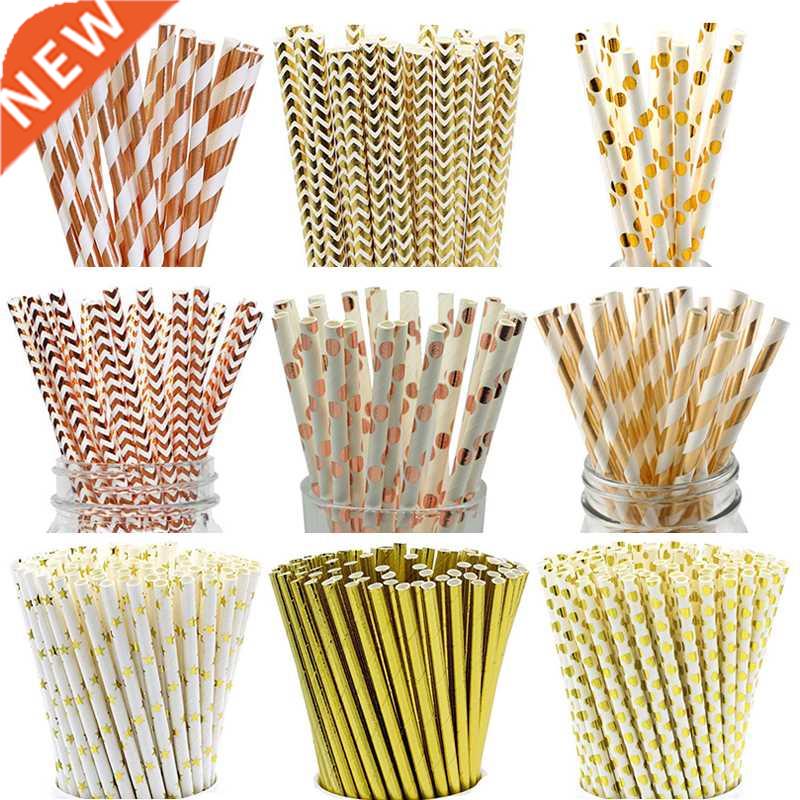 25pcs Rose Gold Paper Straws Strip Dot Drinking Straw Dispos