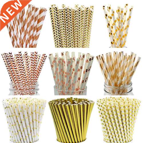 25pcs Rose Gold Paper Straws Strip Dot Drinking Straw Dispos