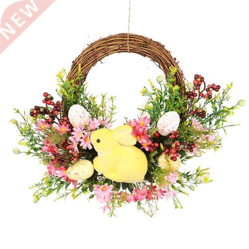 Easter Wreath Decorated with Artificial Flowers Egg Rabbit