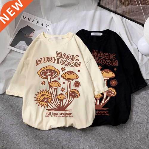 Cotton Material Retro Apricot Mushroom Cute T Shirts O-neck