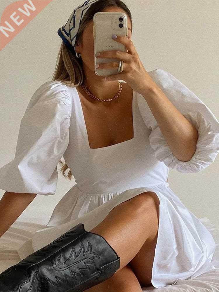 NEDEINS Women Summer Dress Summer Fashion White Elegant Puff图片